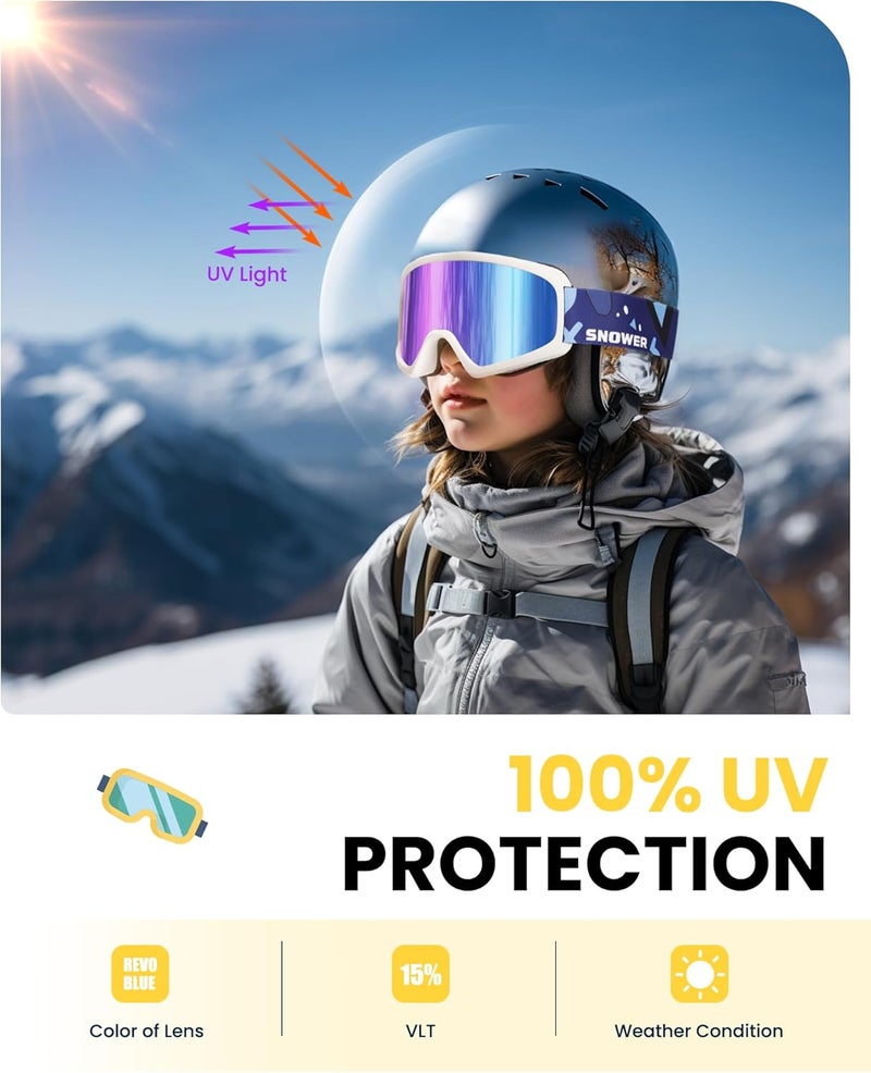 Snower Kids Ski Goggles, Anti-Fog Snow Goggles with OTG Design, 100% UV Protection, HD Lens for Kids Boys Girls - Image 2